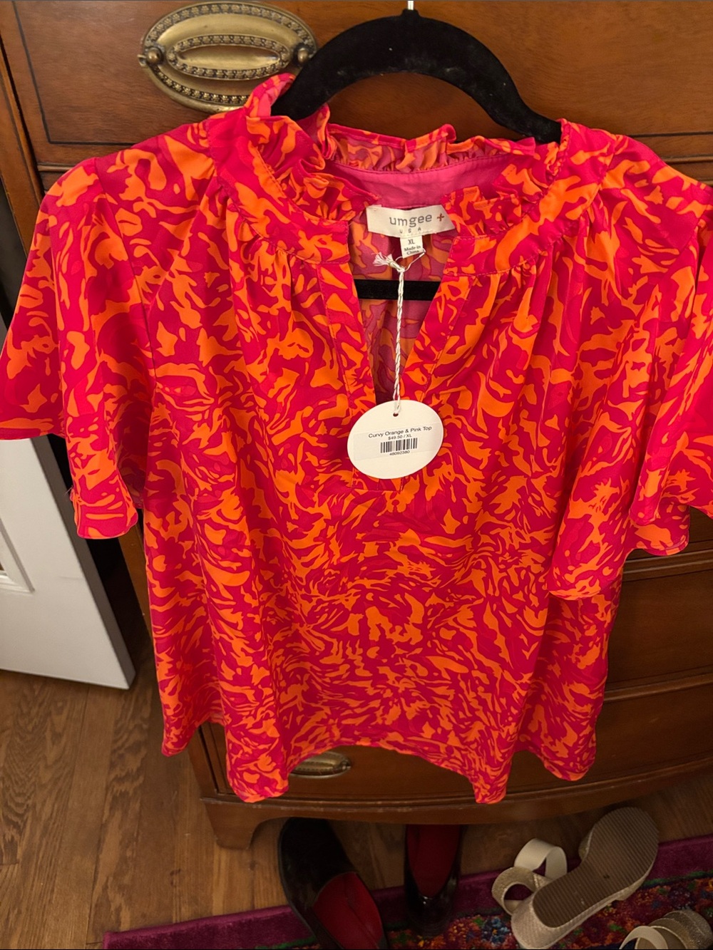 Umgee Pink & Orange Abstract Ruffle Neck Top